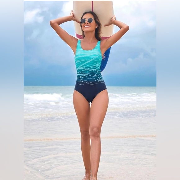 COPY - ALEUMDR WOMENS COLOR BLOCK PRINT BLUE SONE PIECE SWIM SUIT ATHLETIC SIZE… - Picture 1 of 6